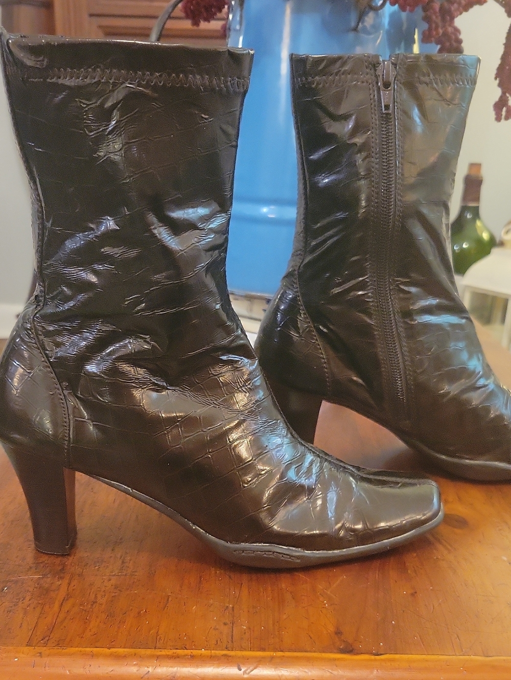 AEROSOLES Dark Brown Croc-Embossed Mid-Calf Heeled Boots